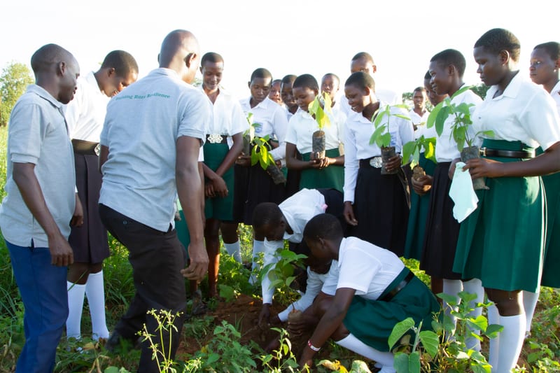 Students and facilitators gathered around a tree-planting activity