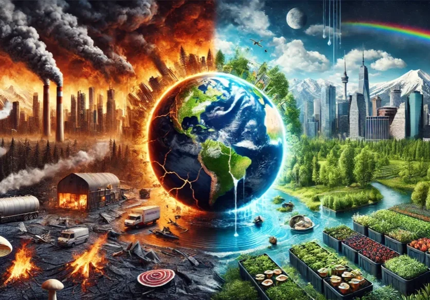 DALL·E 2025-02-05 10.13.42 - A powerful, thought-provoking image depicting the climate crisis. The scene shows a dramatic contrast_ on the left side, there are intense wildfires,